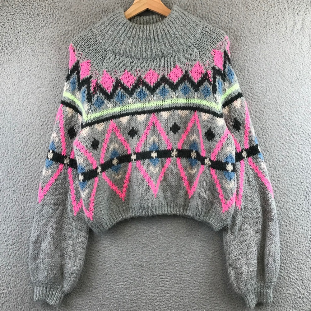 Hollister Women's Gray Geometric Fair Isle Knit Mock Neck Sweater Size M